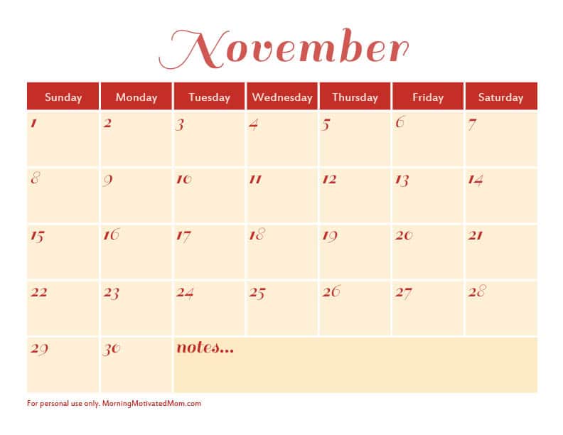 November Calendar Printable