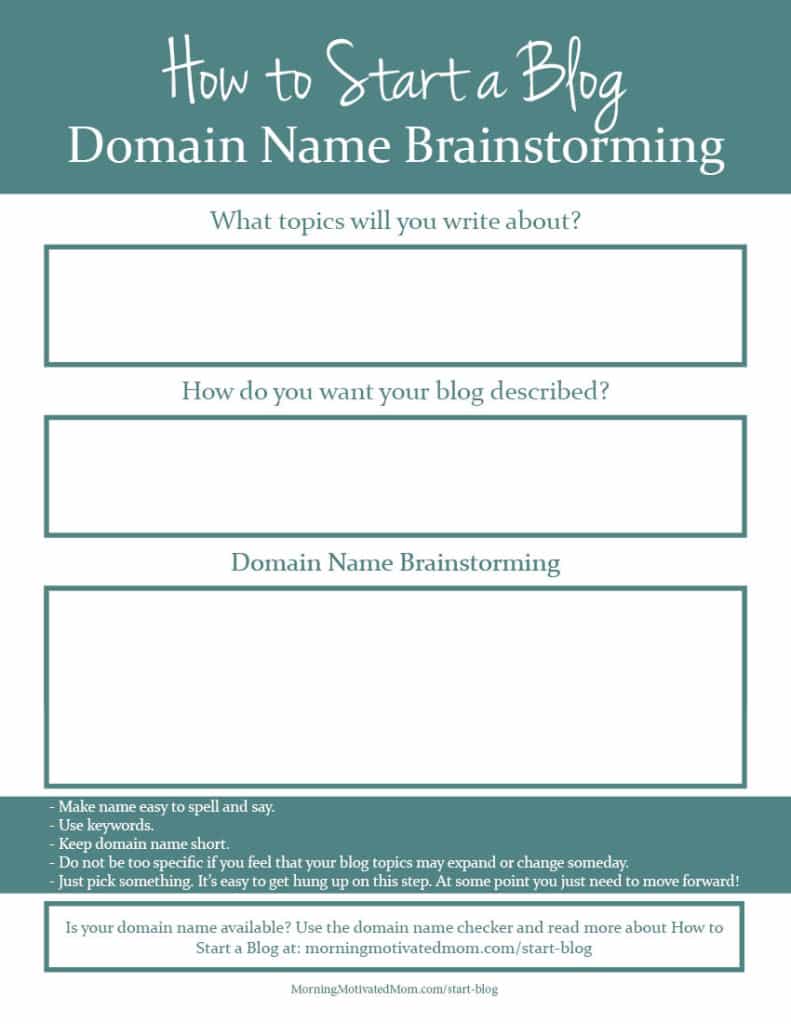 How to Start a Blog. How to pick a domain name. Domain Name Printable.