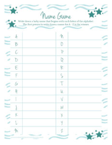 Baby Shower Name Game Printable in Teal. Free.