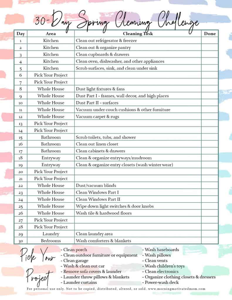 Get organized and clean your home with this FREE 30 Day Spring Cleaning Challenge. Get the Cleaning List Printable to help you stay organized on on task. | Spring Cleaning | How to Clean Your Home for Spring #springcleaning #springclean #30daychallenge #cleaningtips