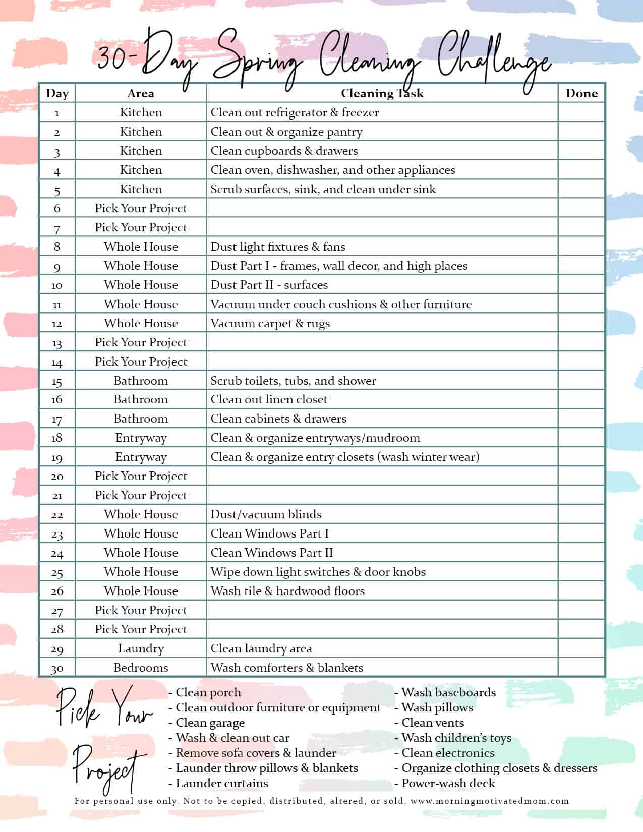 30 Day Spring Cleaning Printable – Morning Motivated Mom