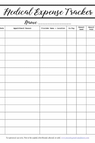Keep track of all your family's medical expenses on this free medical expense tracker printable. Stay organized and manage your medical expense budget.