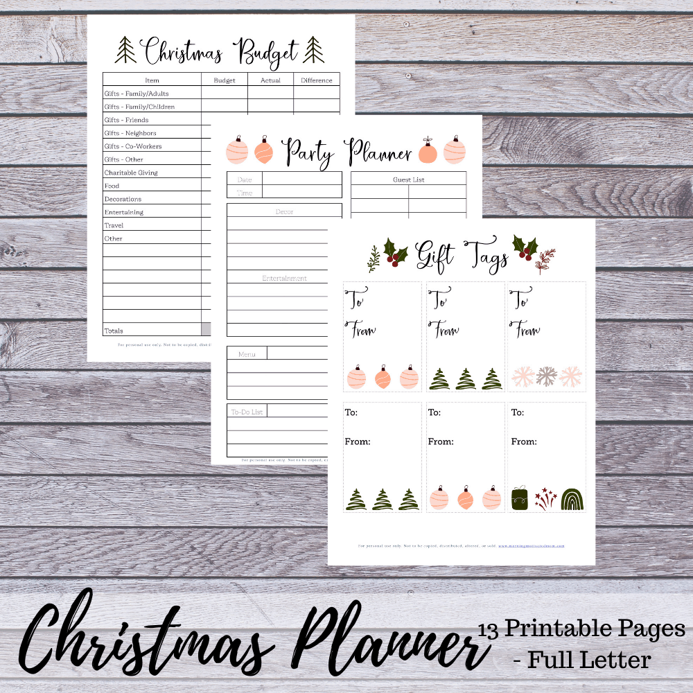 Get organized and minimize your stress this holiday and Christmas season with this 13 page Christmas Planner printable. Includes: Christmas Card List, Recipe List, Notes, Party Planner, Menu Planner, Traditions and Memories, Gift List, To-Do List, Christmas Budget Page, November and December holiday calendars, NEW gift tags.