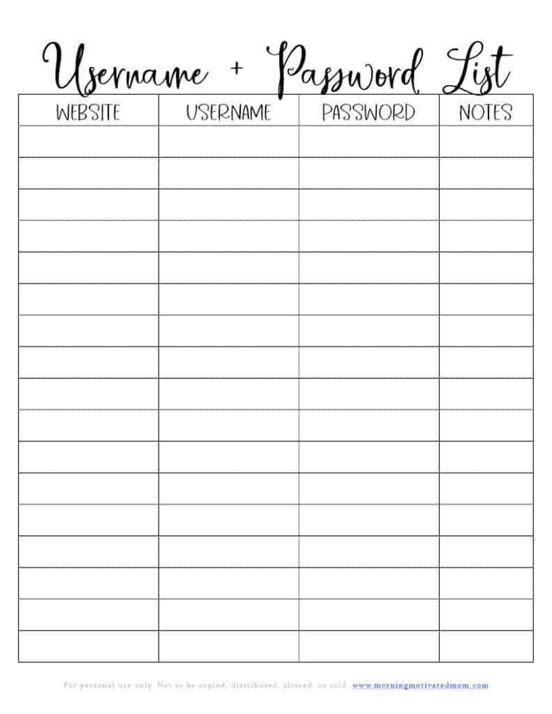 Free Printable Password Organizer