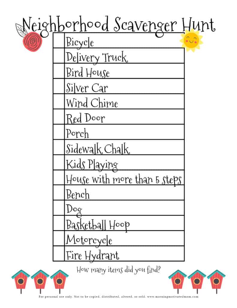 Are you looking for a way to get fresh air, exercise, and also bond as a family? Print off this Free Printable and take a walk with your family: Free Neighborhood Scavenger Hunt Printable