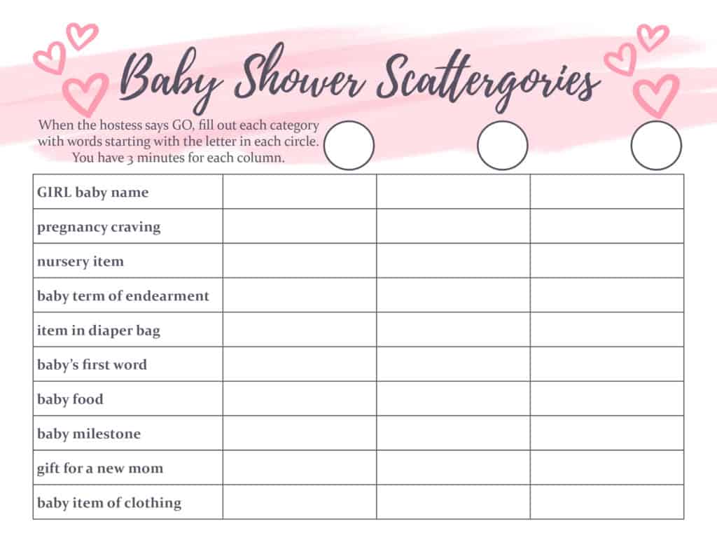 Baby Shower Scattergories Printable Game